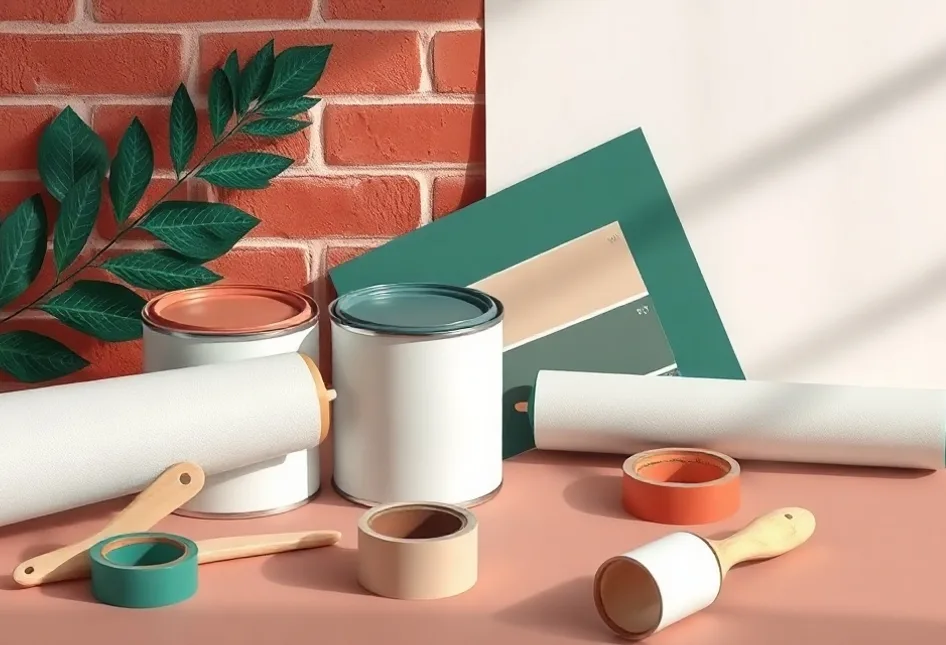 Pots de peinture, nuancier, brosses et rouleaux disposés à plat