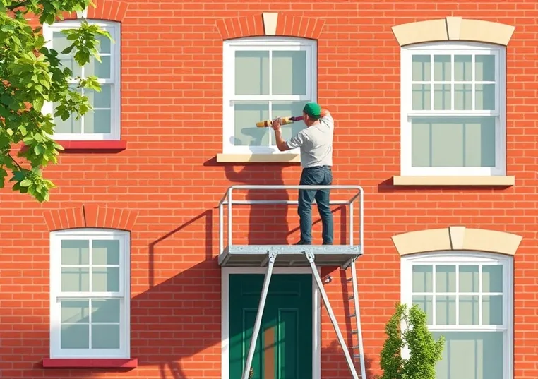 Peintre sur échafaudage traitant la façade d'une maison